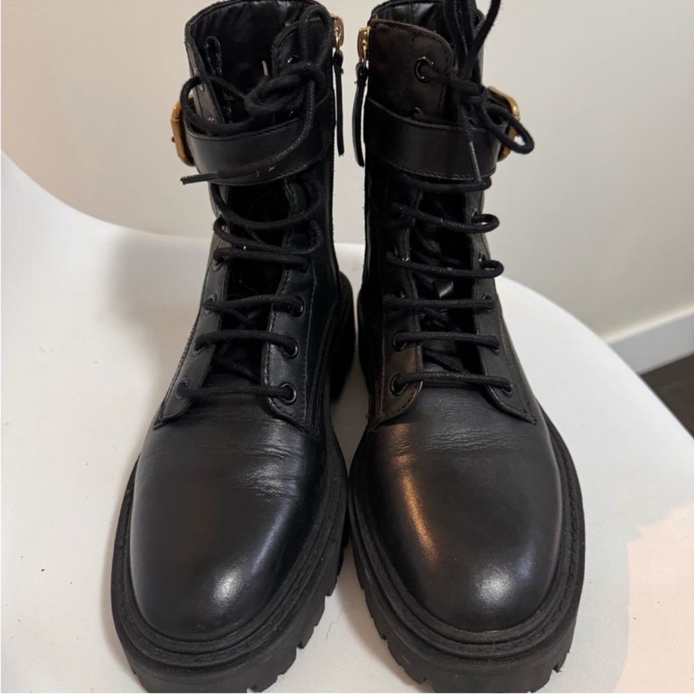 Zara Black Combat Moto Boots with Leather Finish